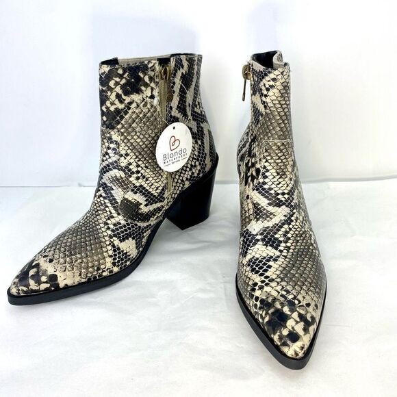New Blondo Waterproof Booties Snakeskin Print Leather Upper Block Heel Pointed - Picture 1 of 12
